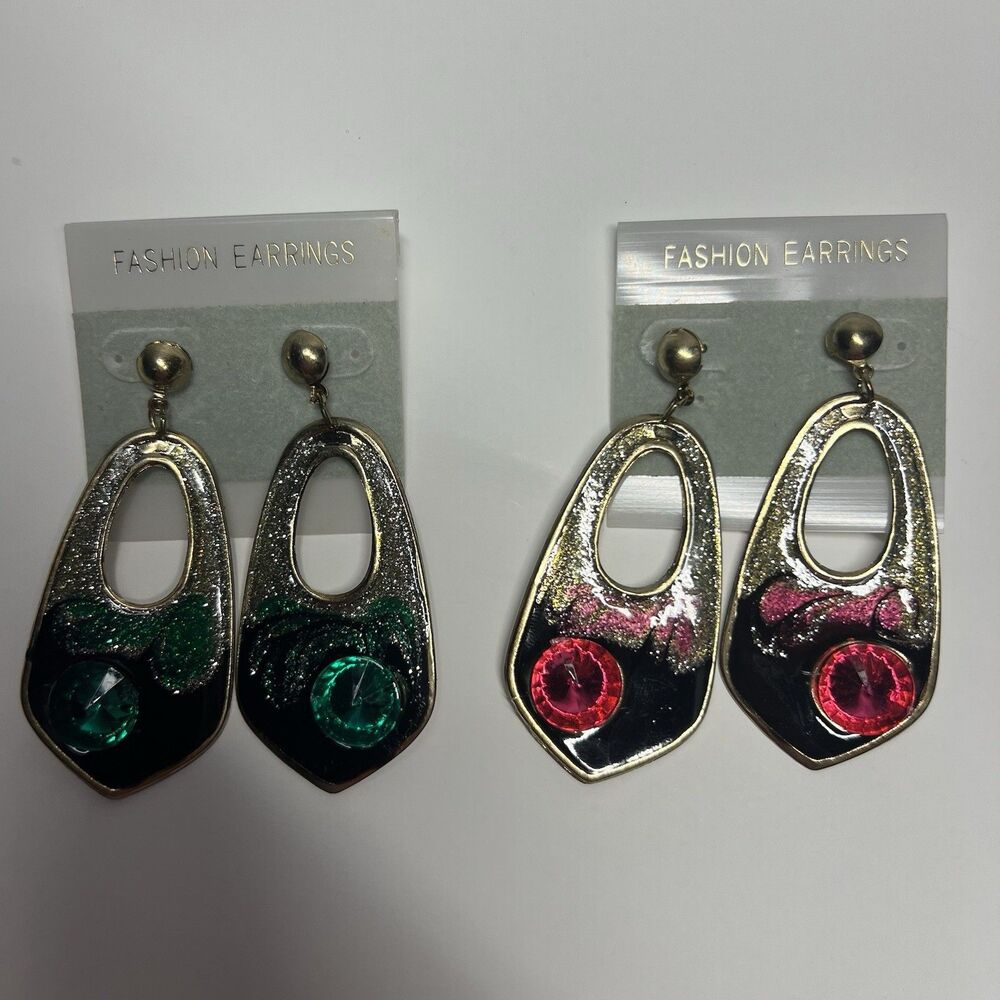 Vtg 80s Disco Shield Earrings Lot 2 Pairs Glitter Enamel Fuchsia Emerald Korea